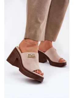 Klapki Damskie Na Masywnym Obcasie Ze Złotym Detalem Vinceza 17400 Beżowe