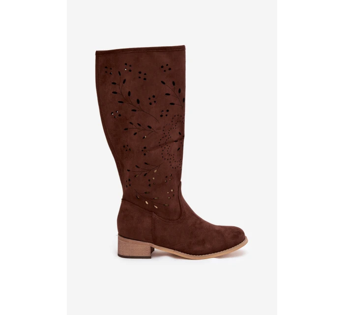 Dámske perforované čižmy na podpätku Helinna - chocolate