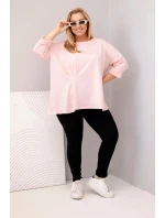Dámská blůza plus size s bavlnou a dlouhým rukávem a nařasením pudrově růžová