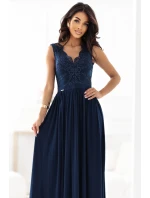 dlouhé elegantní maxi šaty s krajkovým a rozparkem na nohou tmavě modré model 21318836 - numoco