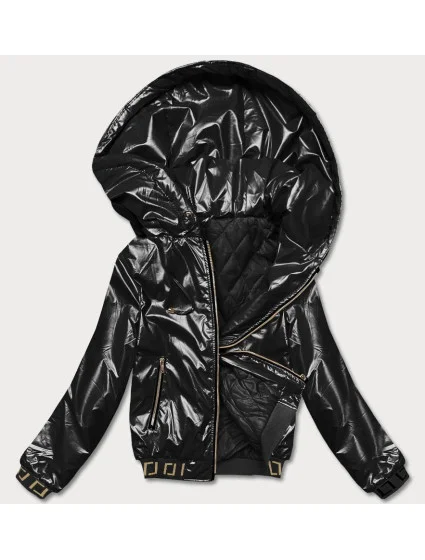 Krátka čierna dámska bunda s kapucňou (B8077-1)