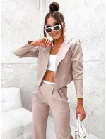 Béžová dámska súprava - krátke sako a široké nohavice (8263)