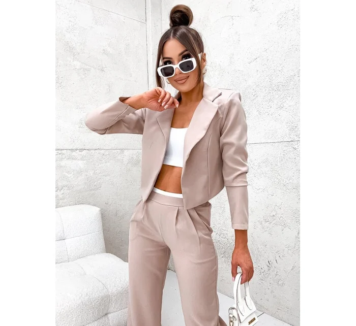 Béžová dámska súprava - krátke sako a široké nohavice (8263)
