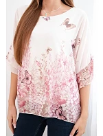 Dámska blúzka s plisovanými rukávmi a ružovou potlačou