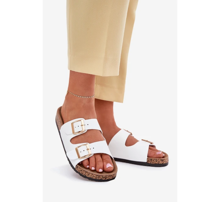 Klapki Damskie Z Klamrami Z Eko Skóry Białe Iskira Klapki Damskie Z Klamrami Z Eko Skóry Białe Iskira