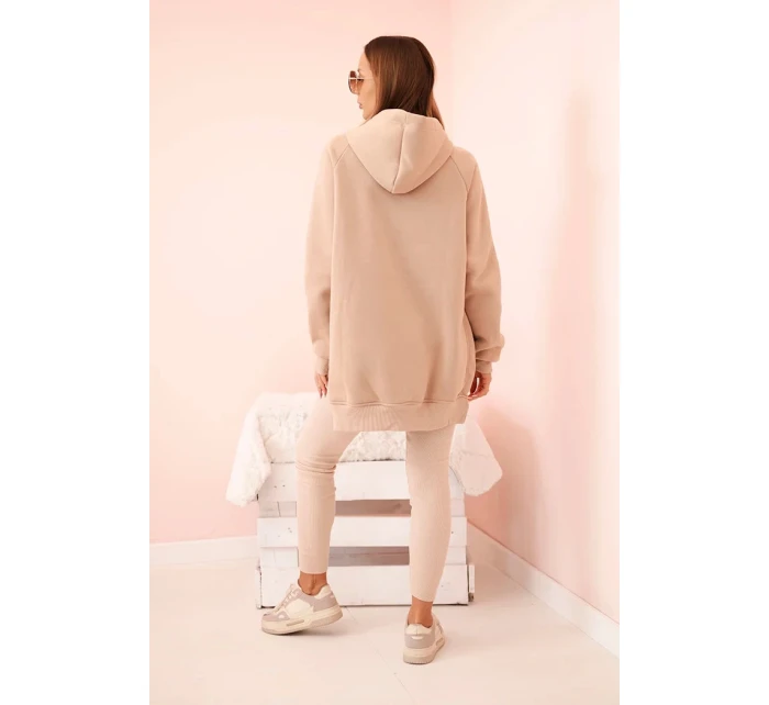 Dámska bavlnená súprava s kapucňou a legínami s vysokým pásom béžová