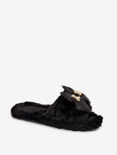 Futrzane Kapcie Damskie Z Kokardą I Złotą Ozdobą Czarne Nolara