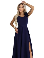 model 22043331 Elegantní večerní maxi šaty s rozparkem a růžemi tmavě modré - numoco