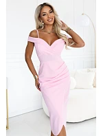 Midi šaty s odhalenými rameny a výstřihem – pastelově růžové model 22307276 - numoco basic