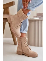 Damskie Ocieplane Botki Workery Na Zamek Beżowe Mivael Damskie Ocieplane Botki Workery Na Zamek Beżowe Mivael