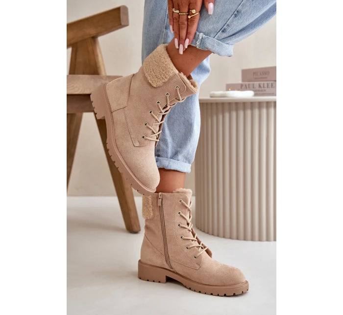 Damskie Ocieplane Botki Workery Na Zamek Beżowe Mivael Damskie Ocieplane Botki Workery Na Zamek Beżowe Mivael