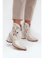 Skórzane Ażurowe Botki Damskie Na Słupku Zazoo 3647 Złoty Przecierany