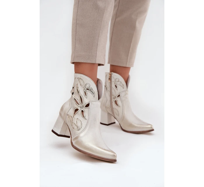 Skórzane Ażurowe Botki Damskie Na Słupku Zazoo 3647 Złoty Przecierany