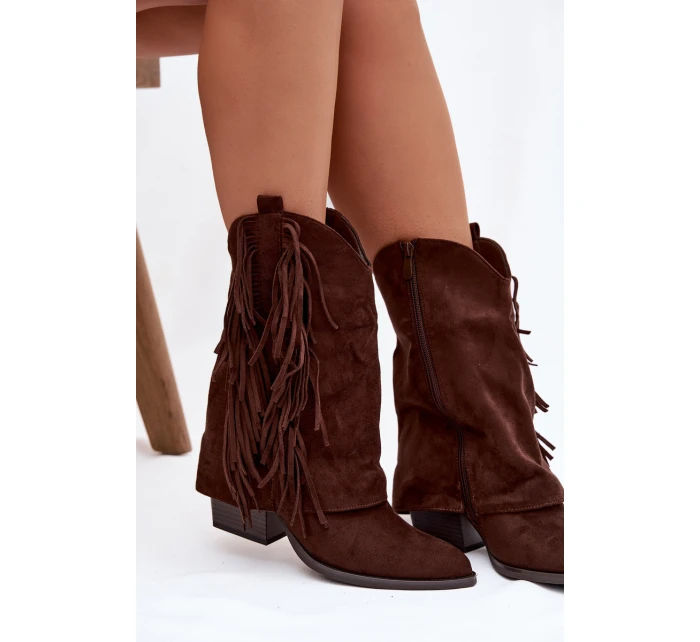 Dámské kožené boty s třásněmi na podpatku čokoládové Gralina Dámské kožené boty s třásněmi na podpatku čokoládové Gralina