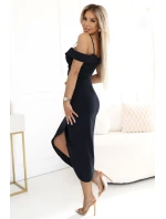 Midi šaty s odhalenými rameny a výstřihem černé model 21486676 - numoco basic