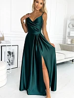 299-9 CHIARA elegantné maxi dlhé saténové šaty bez ramienok - BOTTLE GREEN