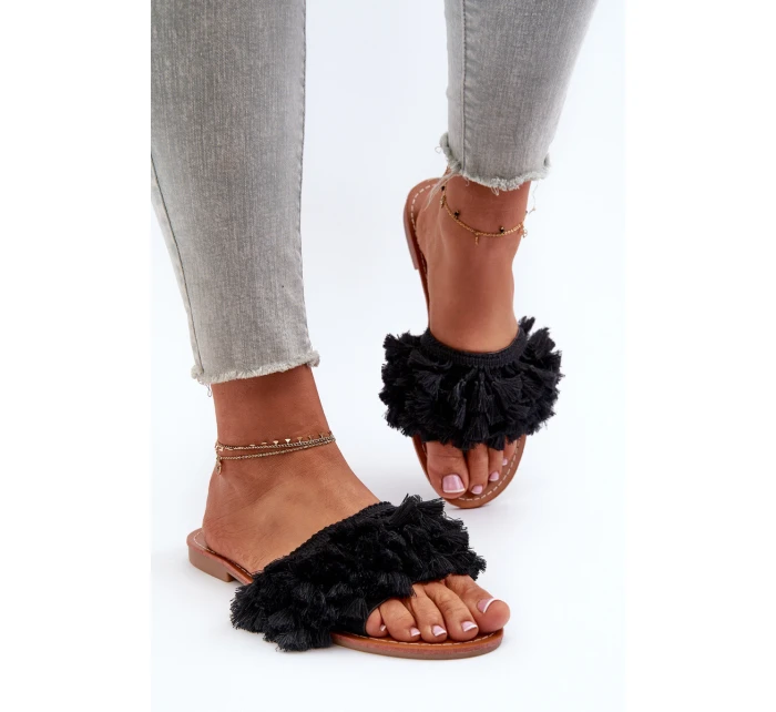 Płaskie Klapki Damskie Z Frędzlami Czarne Rialle