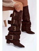 Dámské kozačky na podpatku s ohnutým horním lemem a zlatými sponami Eco semiš čokoládové Isavelle