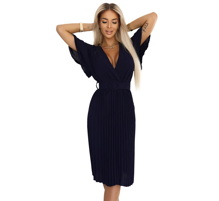 607-3 Plisované midi šaty LYRA s obálkovým výstrihom a širokým opaskom - ZELENÉ 607-3 Plisované midi šaty LYRA s obálkovým výstrihom a širokým opaskom - ZELENÉ