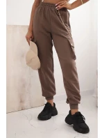 Dámské bavlněné cargo kalhoty s kapsami a řetízkem mocca