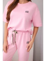 Dámska súprava nohavíc s krátkym rukávom a ohrnutými nohavicami z viskózy s maslovým efektom, svetloružová