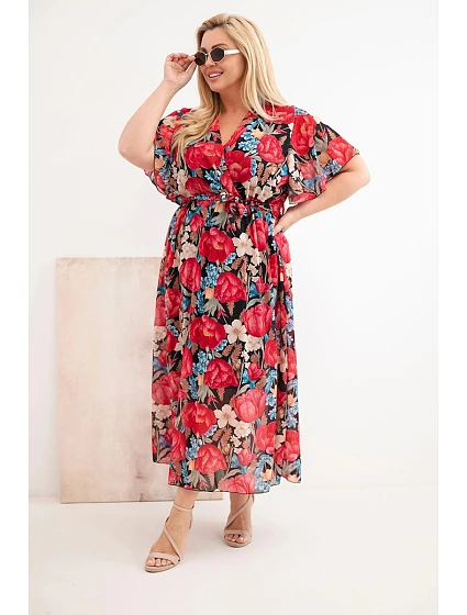 Dámské šaty Plus Size s květinovým vzorem a vázáním černá