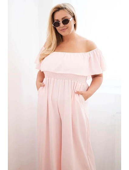 Dámske Plus veľkosť kombinéza s volánom a krátkymi rukávmi Powder Pink Dámske Plus veľkosť kombinéza s volánom a krátkymi rukávmi Powder Pink