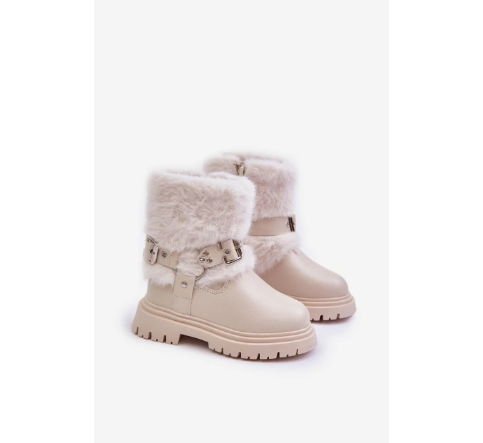 Eko Skórzane Botki Dziewczęce Z Futerkiem I Klamrami Beżowe Cartemes Eko Skórzane Botki Dziewczęce Z Futerkiem I Klamrami Beżowe Cartemes