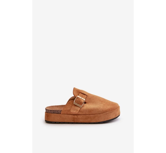 Damskie Klapki Chodaki Na Platformie Ze Złotą Klamrą Camel Terilaina Damskie Klapki Chodaki Na Platformie Ze Złotą Klamrą Camel Terilaina