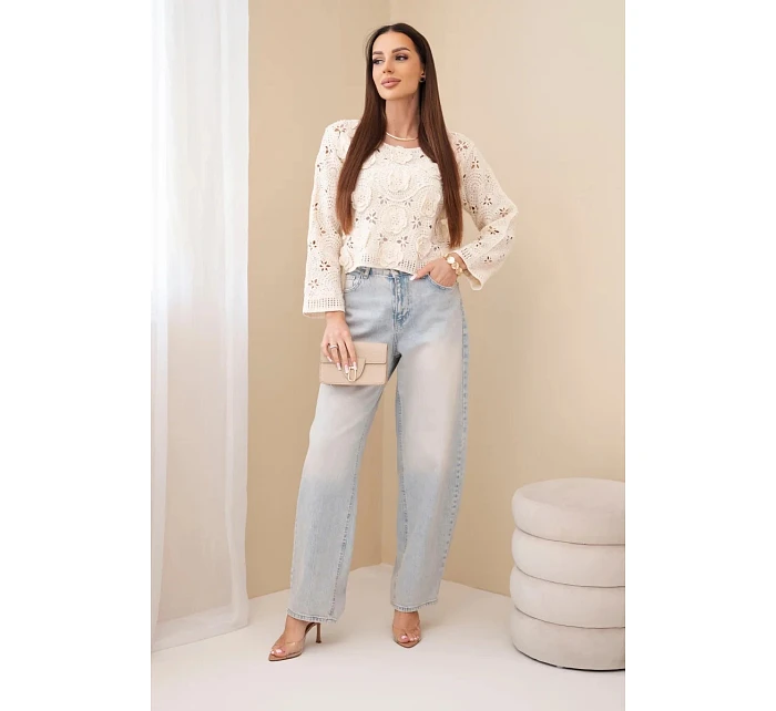 Dámsky čipkovaný sveter s kvetinovým vzorom béžovej farby