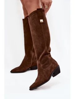 Kožené semišové kozačky cowboyové zateplené Zazoo 4224 čokoládové