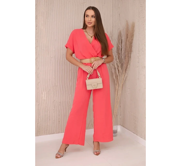 Kombinéza s ozdobným pásom Ružová neónová