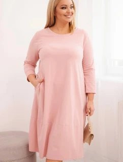 Dámská bavlněná šaty Plus Size s ohrnutým rukávem a kapsami pudrově růžová