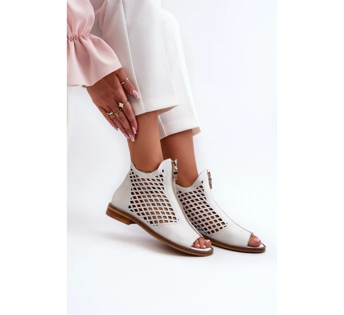 Zazoo 977/L Skórzane Ażurowe Sandały Na Zamek Białe