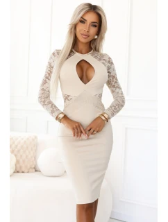 Tužkové šaty s krajkovými rukávy a výstřihem béžové model 21308728 - kocula