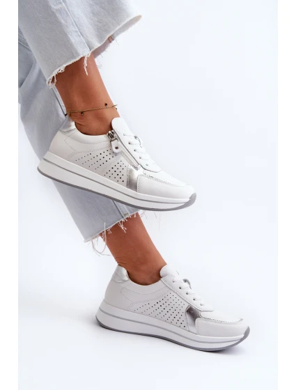 Damskie Skórzane Sneakersy Na Platformie Białe Ligustra