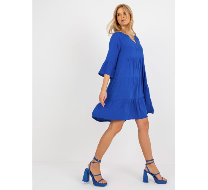 Kobaltovo modré šaty s volánmi a 3/4 rukávmi SUBLEVEL