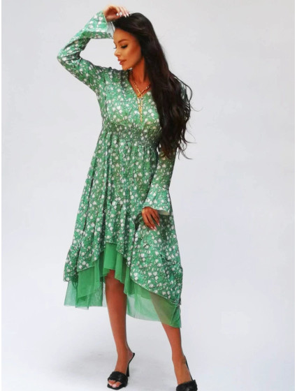Dámske zelené splývavé šaty s ozdobnou spodnou časťou Ann Gissy (DLY017)