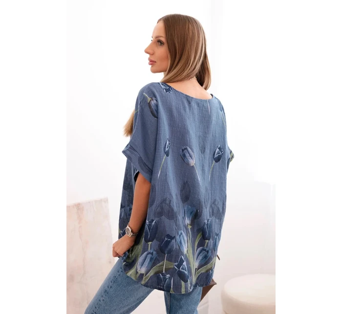 Dámská bavlněná košile s květinovým vzorem džínová modrá