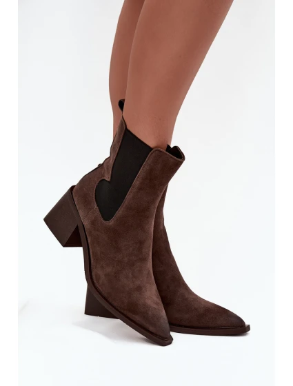 Kožené semišové dámské boty na podpatku s  hnědé model 21712844 - Artiker