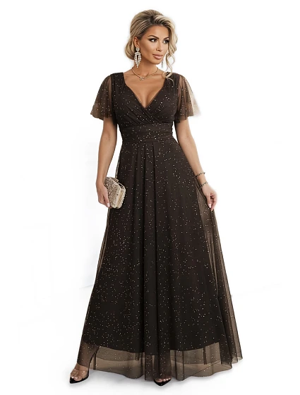 dlouhé lesklé šaty s výstřihem a krátkými rukávy čokoládové model 21781178 - numoco basic