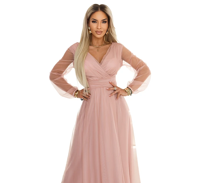 Dlouhé maxi šaty s rukávy a obálkovým výstřihem pudrově růžové model 22046066 - numoco basic
