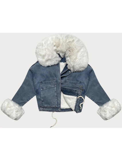 Svetlomodrá/biela dámska krátka džínsová bunda s kožušinovou podšívkou J Style (11Z8219)