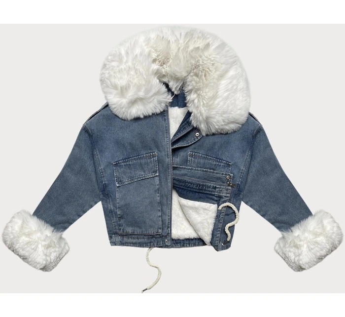 Svetlomodrá/biela dámska krátka džínsová bunda s kožušinovou podšívkou J Style (11Z8219)