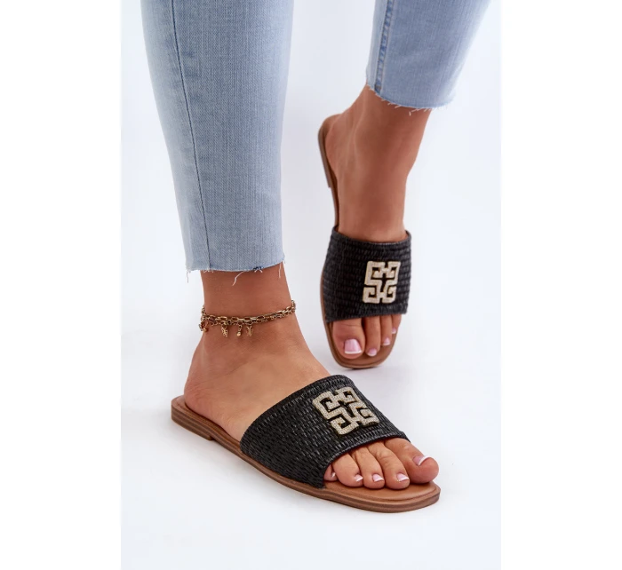 Ploché dámské žabky s pletením a ozdobou černé model 21657874 - EVENTO