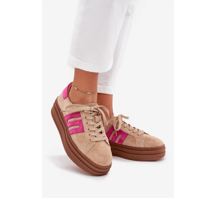 Sneakersy Damskie Na Platformie Z Naturalnego Zamszu Beżowo-Różowe Eldira