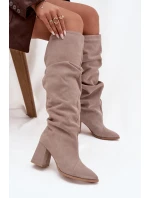 Marszczone Kozaki Z Naturalnego Zamszu Na Słupku Ocieplane Zazoo 4228 Beżowe