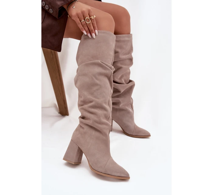 Marszczone Kozaki Z Naturalnego Zamszu Na Słupku Ocieplane Zazoo 4228 Beżowe