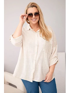 Dámská viskózová košile Plus Size s límečkem a krajkovým model 22043132 béžová - K-Fashion