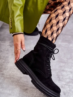 Damskie Zamszowe Botki Wiązane Czarne Afra